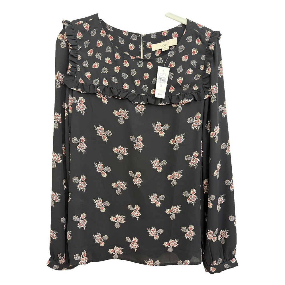 Loft New! Women's black print Long Sleeve Blouse Professional Size Medium NWT